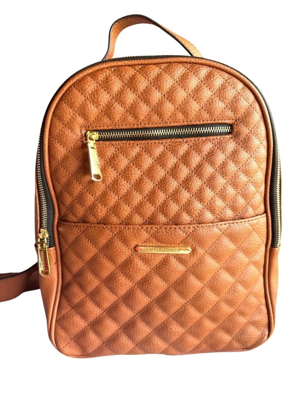 Steve Madden Quilted Cognac Faux Leather Mini Backpack Travel Work Quiet Luxury
